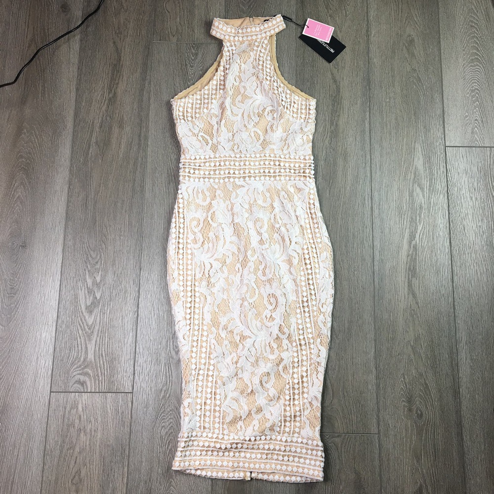 NWT Pretty Little Thing Lace Crochet High‎ Neck Midi Dress White Size 2